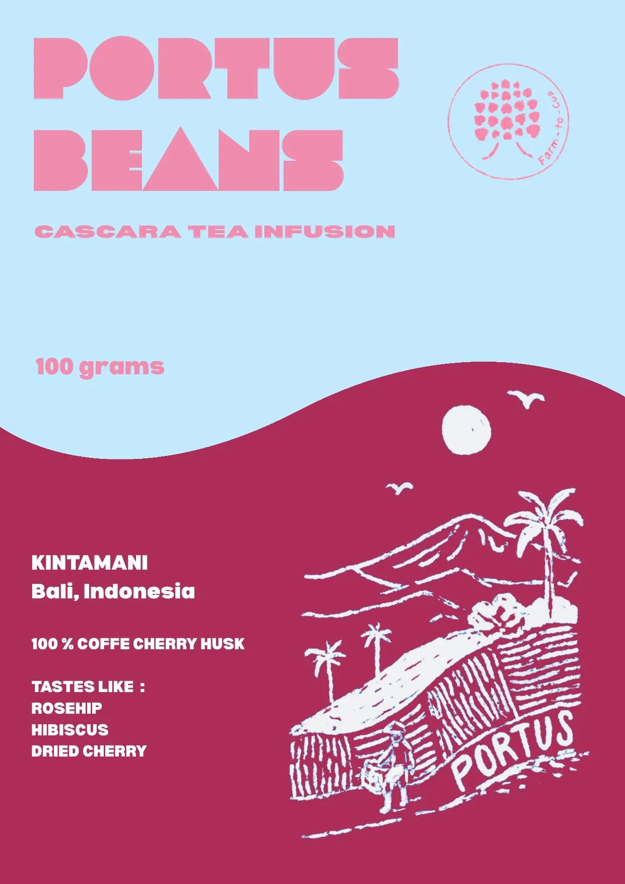 Portus Beans cascara tea label, pale blue and crimson with a hand drawn hillside