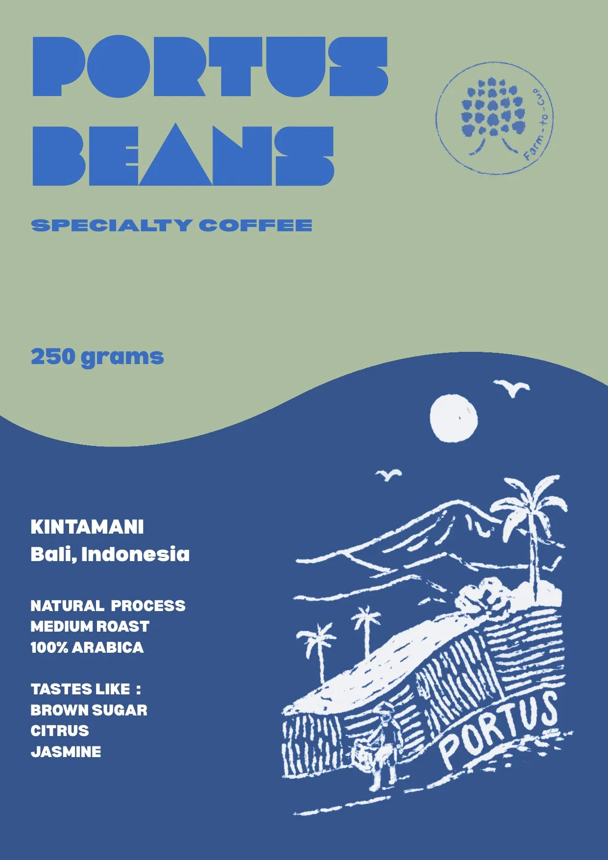 Portus Beans Kintamani bag label, sage green and navy with a hand drawn hillside